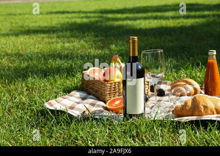 Picknick Komposition mit Wein und Essen gegen grüne Gras, Platz für Text Stockfoto