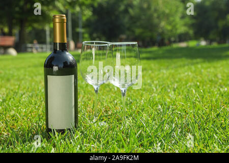 Flasche Wein und Gläser auf grünem Gras, Platz für Text Stockfoto