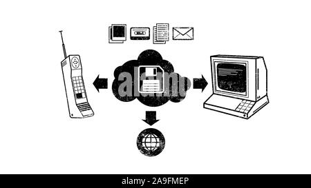 Alte Schule Cloud Storage Technologie: Vintage Computer, Telefon und Multimedia Anschluss auf einer Diskette Stockfoto