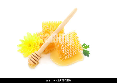 Stücke von Wabe, Chrysantheme und Pendelarm auf weißem Hintergrund Stockfoto