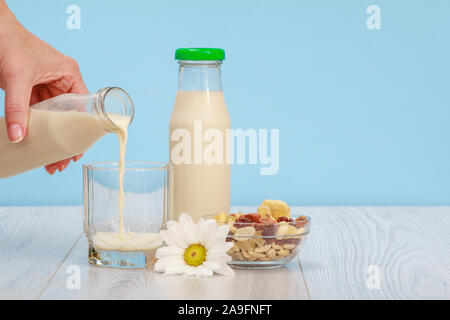 Woman's Hand gießt Milch in ein Glas. Flasche frische Milch, Kamille Blume und Glas Schale mit Müsli auf Holz- und blauem Hintergrund. Stockfoto