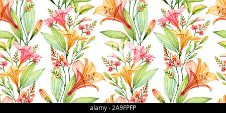 Aquarell transparente Lily, freesie, Hibiskus Blüten und Blätter. Nahtlose tropische Muster isoliert auf Weiss. Botanische Illustration für Hochzeit Stockfoto