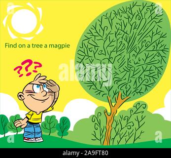 In der Vector Illustration, ein Puzzle, wo Sie zu helfen Kind ein MAGPIE unter den Linien auf einem Baum finden Stock Vektor
