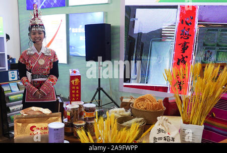 (191115) - NANCHANG, November 15, 2019 (Xinhua) - ein Mitarbeiter zeigt landwirtschaftliche Erzeugnisse an der Fujian Ausstellungsfläche des 17. China Internationale landwirtschaftliche Messe (CATF) in Nanchang, der Hauptstadt der ostchinesischen Provinz Jiangxi, Nov. 15, 2019. Die 17 CATF Auftakt Freitag in Nanchang mit rund 8.000 Aussteller auf der Messe. (Xinhua / Zhou Mi) Stockfoto