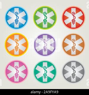 Set von 9 Not Star Symbole mit Caduceus verschiedene Farben - Pharmazeutische Industrie Stock Vektor