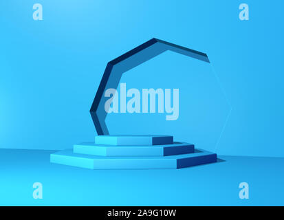 Sockel- oder Podest mit Treppe und Wand Bogen im blauen Abstrakt Hintergrund Stockfoto