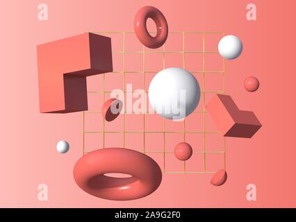 3D-Formen vor der Golden grid Fliegen über rosa Hintergrund Stock Vektor