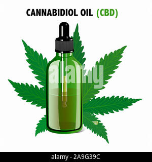 Abbildung: CBD öl Dropper und Hanf Blatt isoliert auf weißem nützlich als Symbol Stockfoto