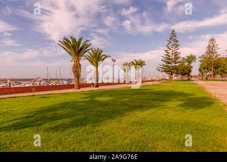 Gärten und Promenade in Jardim Pescador Olhanense entlang der Marina mit ihren Booten und Yachten, Olhao, Ostalgarve, Portugal. Stockfoto