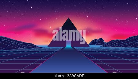 Alte geheimnisvolle Pyramide in 80 s neon Landschaft mit violetten Himmel und blaue Berge in retrowave gestylt, synthwave Grafiken Stock Vektor