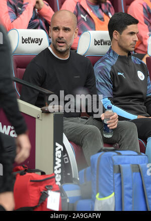 Pep Guardiola Manager von Manchester City während der West Ham vs Manchester City Premier League Match an der London Stadion Samstag, den 10. August 20. Stockfoto