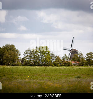 Holländische Windmühle. Eine traditionelle Szene in ländlichen Holland mit einer Windmühle, die durch flache Wiesen eingerahmt. Stockfoto