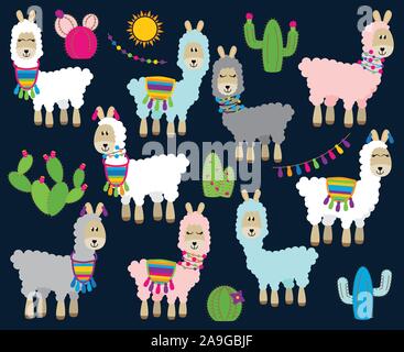 Cute Vector Collection von Llamas, Vicunas und Alpacas Stock Vektor