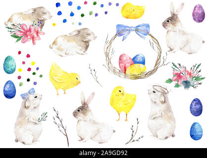 Aquarell Süßer Hase, Kaninchen mit Ostereiern auf Holzhintergrund Begrüßung, Einladungskarte und Poster isolierte Illustration. Clip-Art für den Urlaub Stockfoto