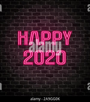 Leuchtendem pink Leuchtreklame auf Wand für ein glückliches Neues Jahr 2020 Stockfoto