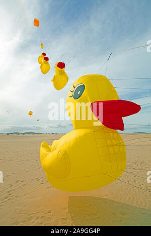 Fliegende ente Drachen auf der windigen Strand von Playas Grandes, südlich von Corralejo, Fuerteventura, Spanien, Europa. Stockfoto