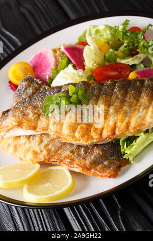 Gebratenes Wolfsbarschfilet mit Zitrone und frischen Salat close-up auf einem Teller auf den Tisch. Vertikale Stockfoto