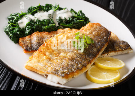 Mit gebratenes Wolfsbarschfilet mit Spinat und Zitrone closeup auf einem Teller auf den Tisch. Horizontale Stockfoto