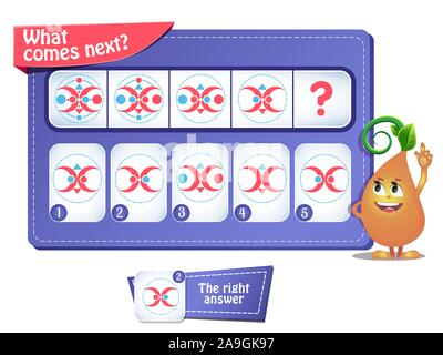 Lernspiel für Kinder und Erwachsene. Entwicklung von Logik, iq. Aufgabe Spiel, was als Nächstes kommt? Stock Vektor