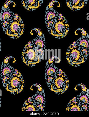 Nahtlose indische Paisley-Muster mit schwarzem Hintergrund Stockfoto