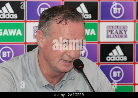 Windsor Park, Belfast, Nordirland, Irland. 15. Nov 2019. Nordirland Manager Michael O'Neill auf der heutigen Pressekonferenz in Belfast. Nordirland spielen die Niederlande im Windsor Park morgen Abend in einer entscheidenden EM-Qualifikationsspiel 2020. Nordirland Manager Michael O'Neill. Quelle: David Hunter/Alamy leben Nachrichten Stockfoto