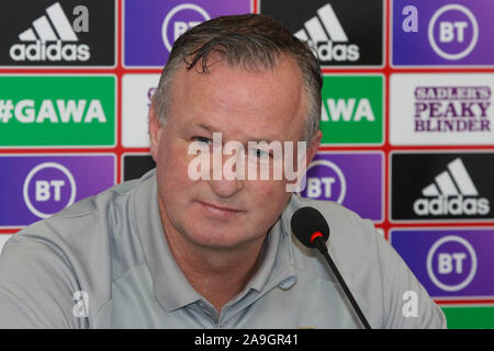 Windsor Park, Belfast, Nordirland, Irland. 15. Nov 2019. Nordirland Manager Michael O'Neill auf der heutigen Pressekonferenz in Belfast. Nordirland spielen die Niederlande im Windsor Park morgen Abend in einer entscheidenden EM-Qualifikationsspiel 2020. Nordirland Manager Michael O'Neill. Quelle: David Hunter/Alamy leben Nachrichten Stockfoto