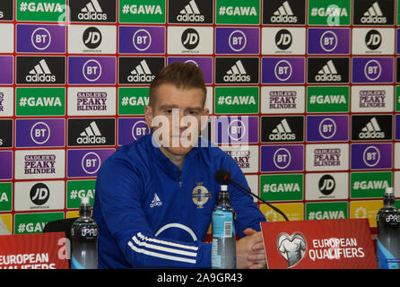 Windsor Park, Belfast, Nordirland, Irland. 15. Nov 2019. Nordirland Pressekonferenz in Belfast. Nordirland spielen die Niederlande im Windsor Park morgen Abend in einer entscheidenden EM-Qualifikationsspiel 2020. Nordirland Kapitän Steven Davis. Quelle: David Hunter/Alamy leben Nachrichten Stockfoto