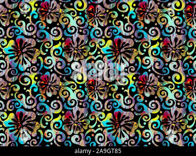 Nahtlose Bunte, mit Blumenmustern schwarzes Muster Stockfoto