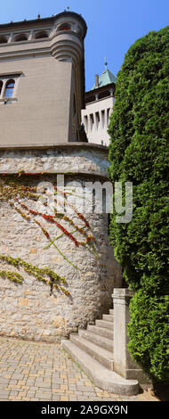 Anzeigen von Smolenice Schloss aus dem 15. Jahrhundert in den östlichen Hang der Kleinen Karpaten, in der Nähe der Stadt Smolenice, Slowakei. Vertikale banner Stockfoto