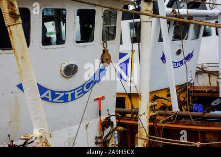 Jakobsmuscheln Schwimmbagger am Hafen in Kirkcudbright, Dumfries und Galloway, Schottland. Stockfoto