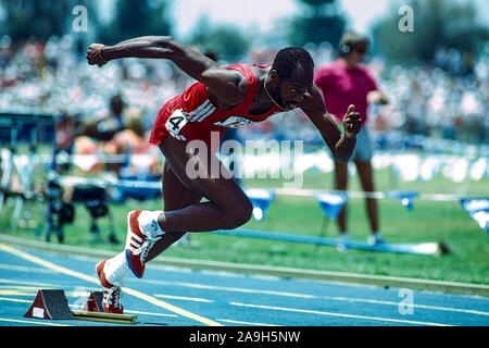 Edwin Moses (USA) bei den USA Outdoor Track and Field Championships 1987 Stockfoto