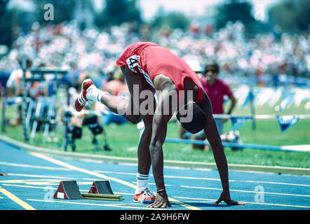 Edwin Moses (USA) bei den USA Outdoor Track and Field Championships 1987 Stockfoto