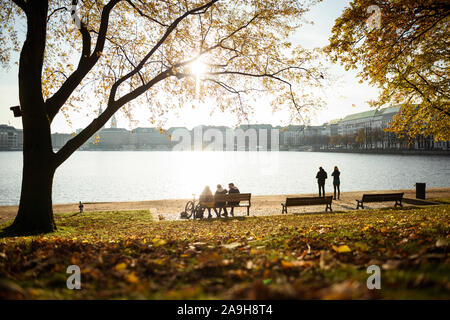 Hamburg, Deutschland. 14 Nov, 2019. Junge Menschen genießen Sie die herbstsonne am Ufer der Binnenalster in Hamburg. Credit: Gregor Fischer/dpa/Alamy leben Nachrichten Stockfoto