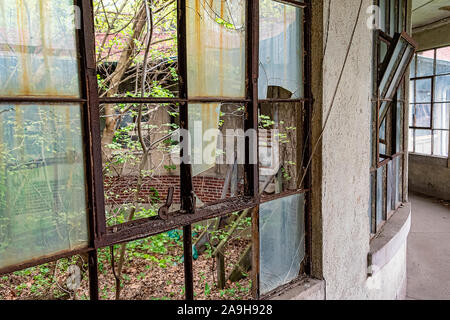 USA, New York, Ellis Island - Mai 2019: Zerbrochene Fenster in den Korridor von einem verlassenen Krankenhaus Stockfoto