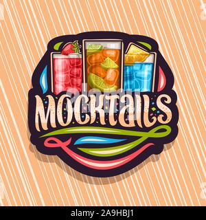 Vektor logo für Mocktails, schwarzer Tag mit 3 alkoholfreie Getränke, original Schriftzug für Word Mocktails und gedeiht, Alkohol alkoholfreie Cocktails wi Stock Vektor