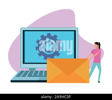 Avatar Frau mit großen Umschlag und Laptop Stock Vektor