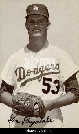 Vintage schwarz und weiß Ausstellung Baseball Card Don Drysdale mit den Los Angeles Dodgers ca. 50s-60s. Stockfoto