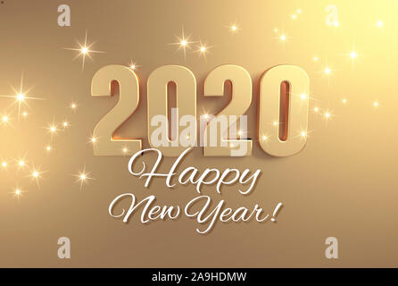 Grüße und ein Frohes Neues Jahr 2020 Datum Anzahl farbiger in Gold, auf eine festliche goldenen Hintergrund - 3D-Darstellung Stockfoto