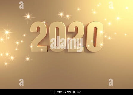 Neues Jahr: 2020 farbige in Gold, auf eine festliche goldenen Hintergrund - 3D-Darstellung Stockfoto