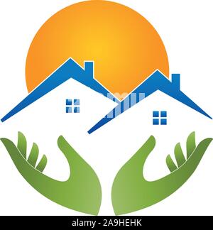 Zwei Häuser, Dächer, Sonne, Häuser, Immobilien, logo Stock Vektor