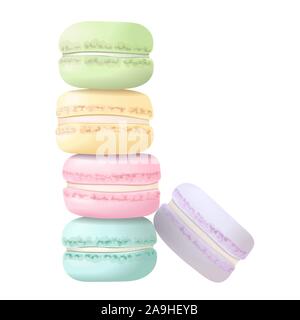 Cute Makronen Turm Kuchen Macaron oder Makronen. Blau, Rosa, Gelb und Grün. Vector Illustration. Stock Vektor