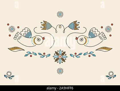 Vektor dekorative Illustration, Farbe Zeichnungen von Vögeln, Blumen, Line Art.-Stickerei, in folkstyle, ornament Muster auf beigem Hintergrund. Stock Vektor