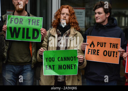 London, Großbritannien. 15 Nov, 2019. Aussterben Rebellion protestierten gegen BlackRock hat seinen Sitz in London. Aktivisten gedumpten Stapel Holz Esche außerhalb des Gebäudes der Corporation, einer der weltweit größten Investoren in die fossilen Brennstoffe, insbesondere von Kohle. (Foto von Laura Chiesa/Pacific Press) Quelle: Pacific Press Agency/Alamy leben Nachrichten Stockfoto