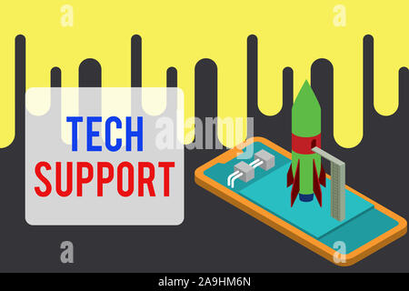 Handschrift text Tech Support. Konzeptionelle Foto Beratung und Fehlerbehebung Service durch eine Rakete analysisufacturer bereit liegenden Smar zu starten Stockfoto