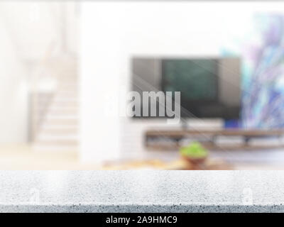 Tabelle auf defokussierten Innenhintergrund. 3D-Rendering Stockfoto