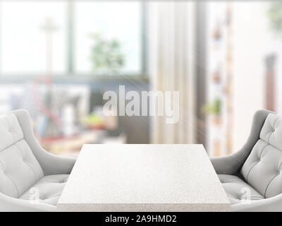 Tabelle auf defokussierten Innenhintergrund. 3D-Rendering Stockfoto
