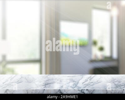 Tabelle auf defokussierten Innenhintergrund. 3D-Rendering Stockfoto