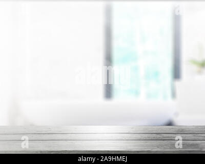Tabelle auf defokussierten Innenhintergrund. 3D-Rendering Stockfoto
