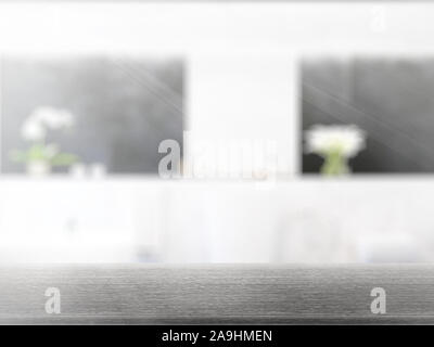 Tabelle auf defokussierten Innenhintergrund. 3D-Rendering Stockfoto