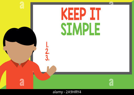 Konzeptionelle Hand schreiben, halten Sie es einfach. Konzept Bedeutung etwas einfach zu verstehen und nicht in phantastische Weise Mann vorne whiteboar zu machen Stockfoto